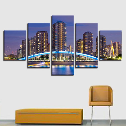 5 Pieces City Building Ablaze With Lights Pictures Night Scene